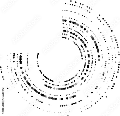Continuous circular composition formed by evenly distributed dots creating a sense of fluid radial movement.