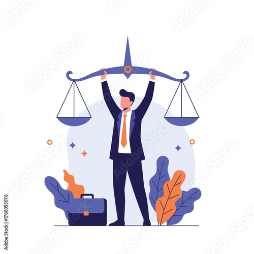 A lawyer stands proudly holding the scales of justice above his head.