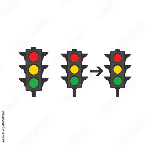 Traffic lights changing from red yellow to green showing sequence of signals.