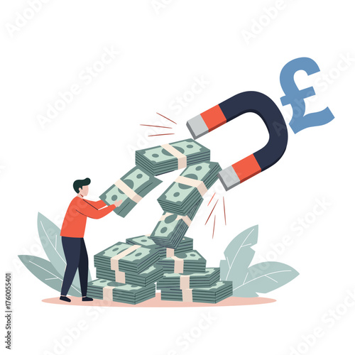 A person uses a magnet to attract a large pile of cash.  