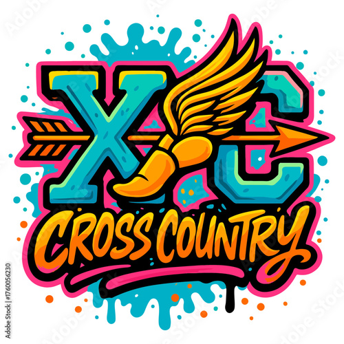 Colorful graffiti-style “XC Cross Country” lettering with winged shoe and arrow. Dynamic sports typography design with splashes and bold lines. Track and Field Svg, Cross Country, CC, XC