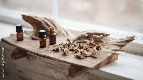 Wallpaper Mural valerian. Dried valerian roots and small bottles on a rustic wooden shelf. menu design, packaging mockups, designed for culinary blogs and recipe cards for restaurants.
 Torontodigital.ca