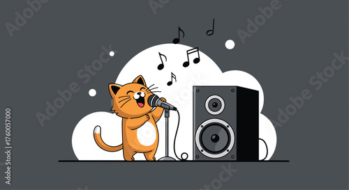 A cute cartoon cat happily sings into a microphone with musical notes floating above it.