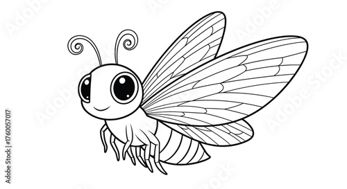 A cute cartoon bumblebee with big eyes and delicate wings flying happily in the summer.