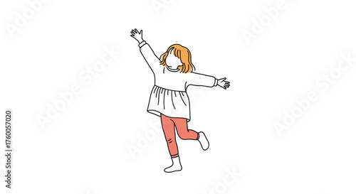 A young girl with blonde hair in a white dress and pink pants is jumping and reaching for something in the air.