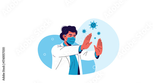 Doctor protecting against virus particles and demonstrating hand hygiene practices.