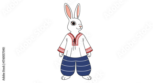An adorable white bunny dressed in traditional clothing. It has a red and white embroidered shirt and blue pants.
