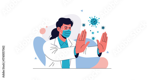 Doctor wearing a mask and holding hands up to stop virus particles