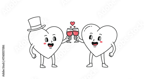 Two cartoon hearts wearing a top hat and holding champagne glasses toast to celebrate love on their special day.
