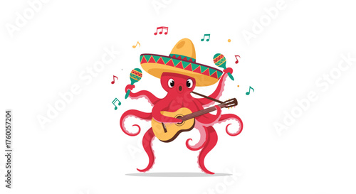 A playful octopus wearing a sombrero plays guitar and maracas celebrating