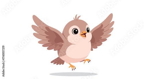 A cute little bird is joyfully flying with its wings spread wide.