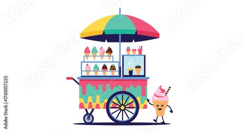 A delicious ice cream cart with colorful cones and a smiling character. 