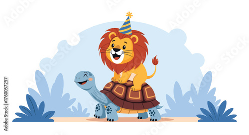 A friendly lion wearing a party hat rides on a happy turtle in a whimsical natural setting.