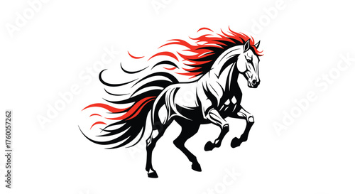 Majestic white stallion with fiery red mane galloping powerfully across the plains.