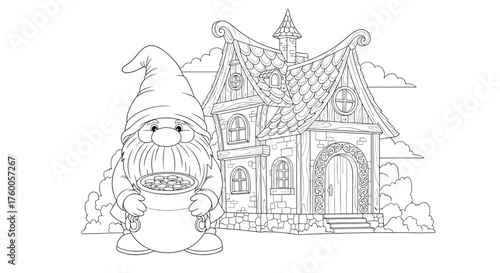 A whimsical drawing of a magical gnome house nestled in a fantastical landscape full of wonder.