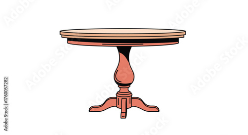A round wooden pedestal table with a decorative base and a light colored top.