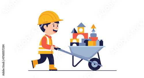 A happy young construction worker in a hard hat and safety vest pushes a wheelbarrow full of colorful building blocks.