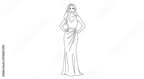 A simple line drawing of a young woman in a long flowing gown and styled hair.
