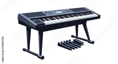 A digital keyboard instrument with black keys and white keys sits on its stand.
