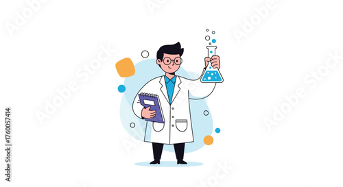 A curious scientist in a lab coat holds a beaker filled with a bubbling blue liquid.