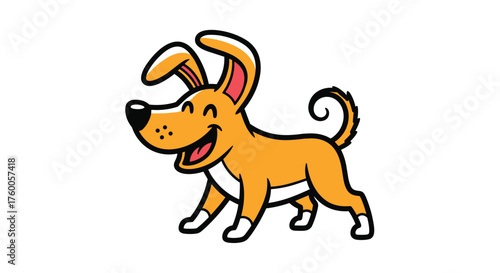 An animated cartoon dog with floppy ears and a curly tail is smiling happily.