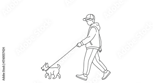 A person walking a small dog on a leash in an outdoor setting.