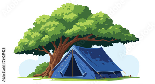 A blue tent is set up under a large green tree in a park.