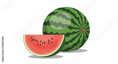 A refreshing juicy slice of watermelon with the whole fruit in the background on a white backdrop.