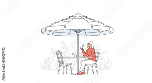 A woman enjoying a quiet moment at an outdoor cafe under an umbrella.