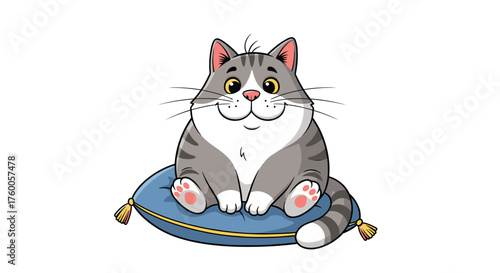 A chubby cartoon cat is happily sitting on a blue pillow.