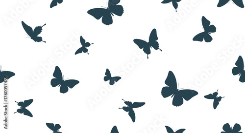 A delicate pattern of silhouetted butterflies in flight across a white background.