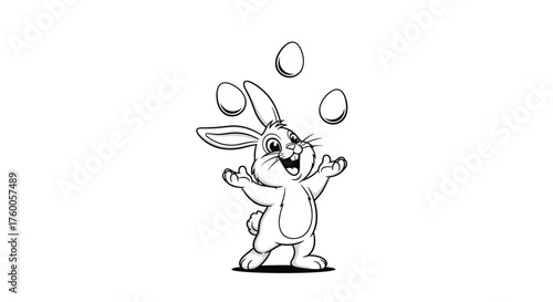 A happy cartoon bunny is skillfully juggling Easter eggs with outstretched paws and a wide smile.