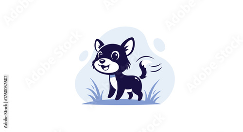 A cute cartoon black dog with big eyes and a wagging tail stands in the grass.