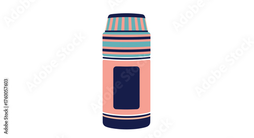 A colorful cosmetic bottle with a striped cap and a dark rectangular label.