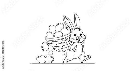 A cheerful cartoon bunny carrying a basket overflowing with Easter eggs down a path.