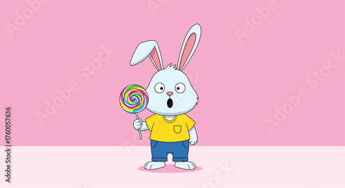 A surprised bunny holding a colorful swirl lollipop with wide eyes and an open mouth.