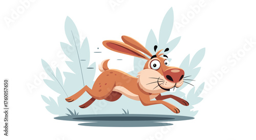 A speedy cartoon rabbit races through a grassy field with tall plants.