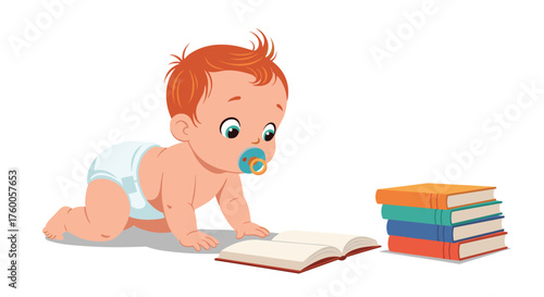 A curious baby is learning to read and explore the world of books.