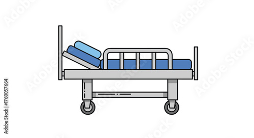 Hospital bed with adjustable head and foot sections and safety rails.