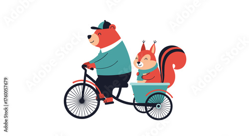 A cheerful bear and squirrel enjoy a bicycle ride together.