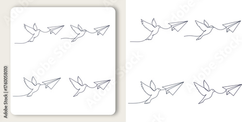 A minimalist dove drawing carrying a paper airplane conveying hope and dreams in simple line art vector illustration