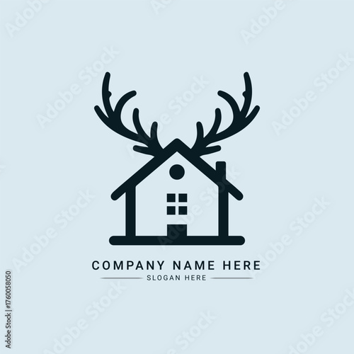 Monochrome Minimalist House Cabin with Deer Antlers Logo Icon