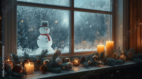 A snowman peeks through the window into the house.