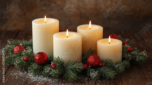 Christmas candles surrounded by pine needles and Christmas tree decorations on a wooden table.