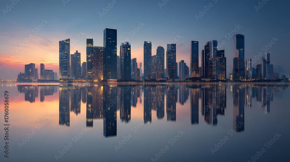 Fototapeta premium Urban Skyline at Sunset: Modern Skyscrapers Reflecting Neon Lights on Tranquil Waterfront