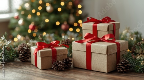 Mockup of New Year and Christmas gifts in eco-packaging.