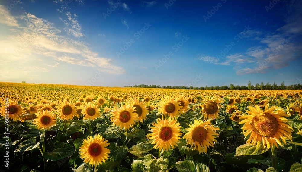 Fototapeta premium Field With Yellow Sunflowers Against The Blue Sky