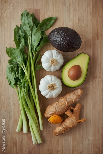 Avocado, garlic, ginger and fresh herbs. Set for fresh salad.