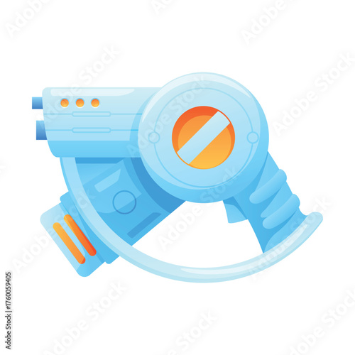 An illustration of a futuristic blaster in a sleek blue design with vibrant orange accents. This creative piece highlights the cutting-edge technology and innovative aesthetics of scientific weaponry.