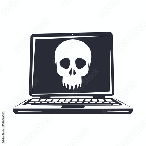 Skull on a laptop screen with lightning and diamond shapes is prominently displayed
